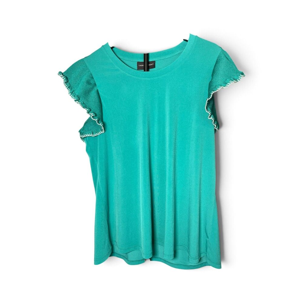 Lane Bryant Women 14/16 Teal Flutter Ruffle Sleeve Top Blouse Stretch Plus Size
